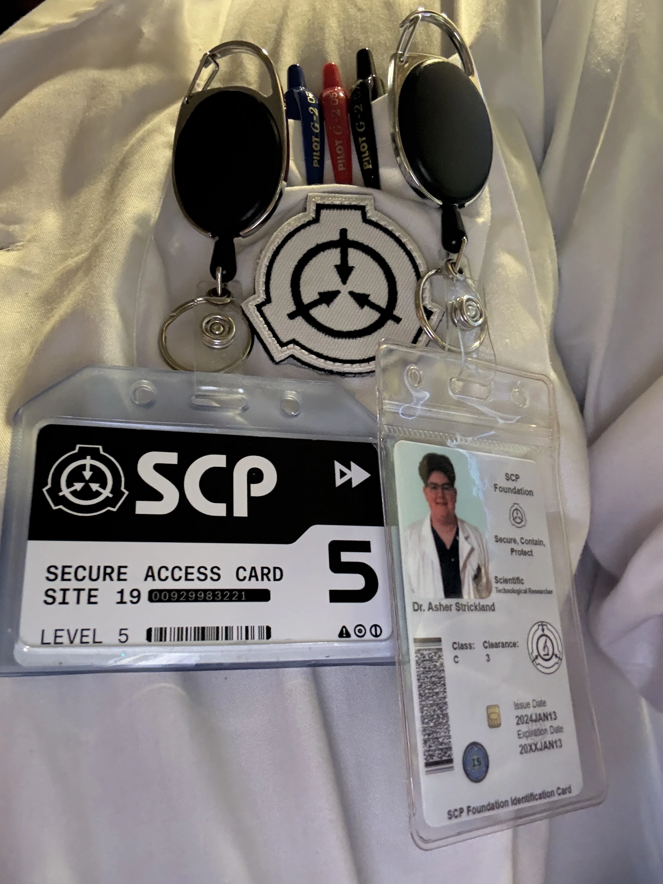 Close up image of my custom ID cards on the jacket